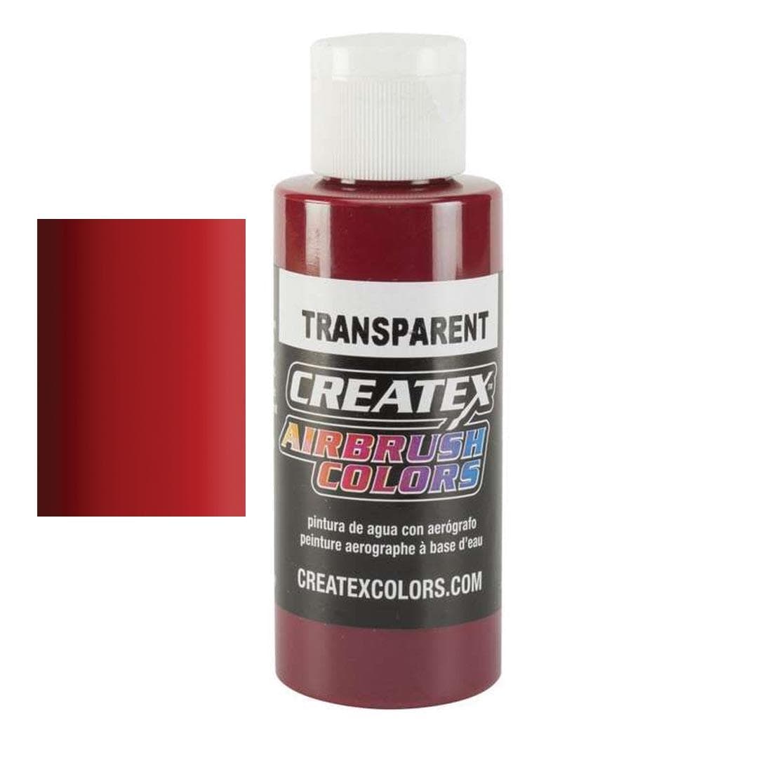 Bottle of Createx Airbrush Color Beside Transparent Deep Red Color Swatch