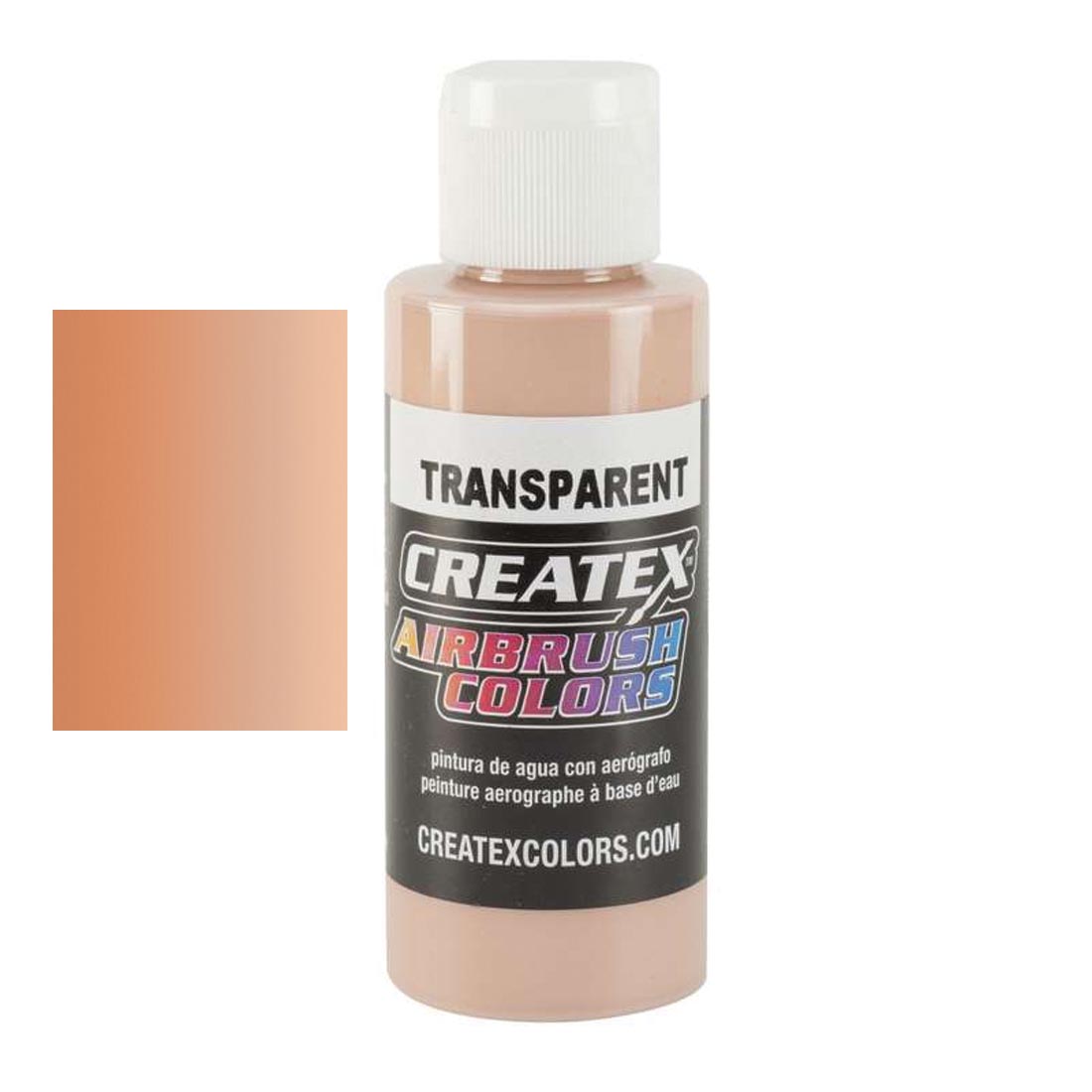 Bottle of Createx Airbrush Color Beside Transparent Peach Color Swatch