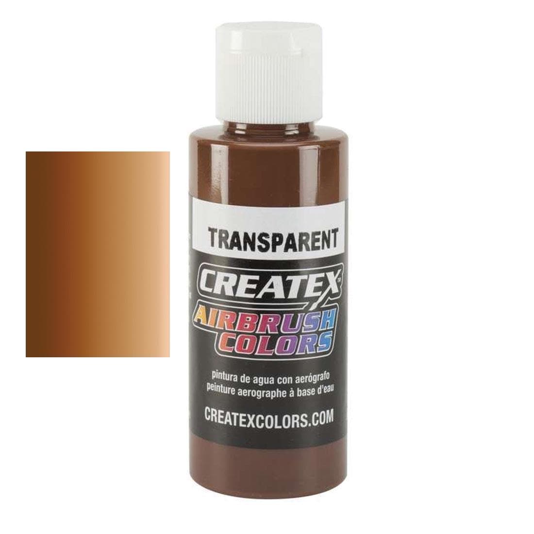 Bottle of Createx Airbrush Color Beside Transparent Light Brown Color Swatch