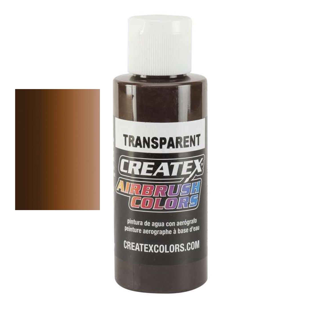 Bottle of Createx Airbrush Color Beside Transparent Dark Brown Color Swatch