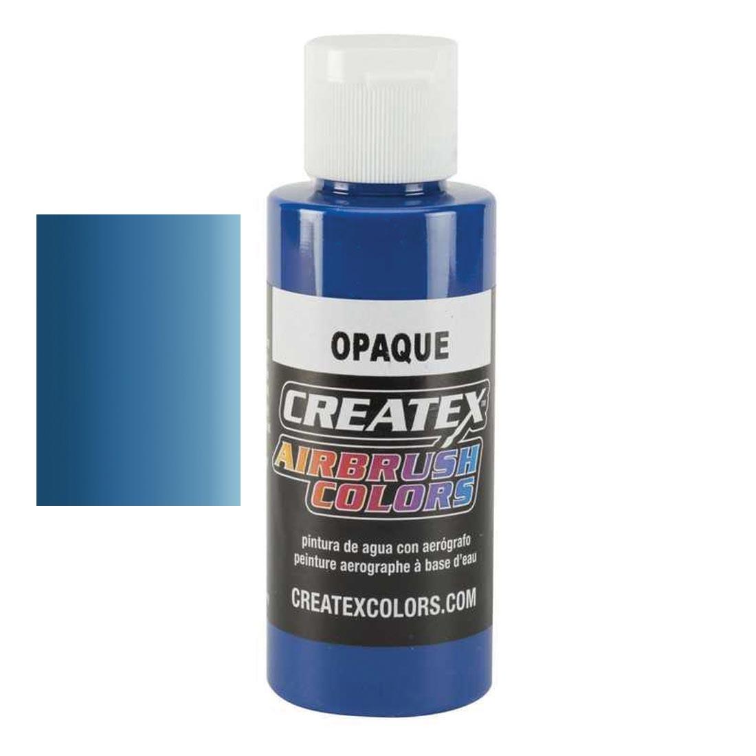 Bottle of Createx Airbrush Color Beside Opaque Blue Color Swatch