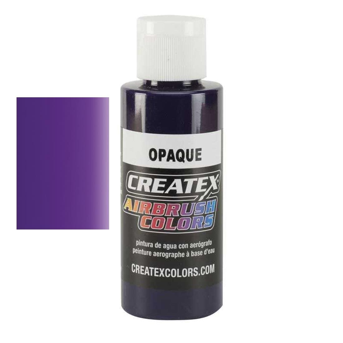 Bottle of Createx Airbrush Color Beside Opaque Purple Color Swatch