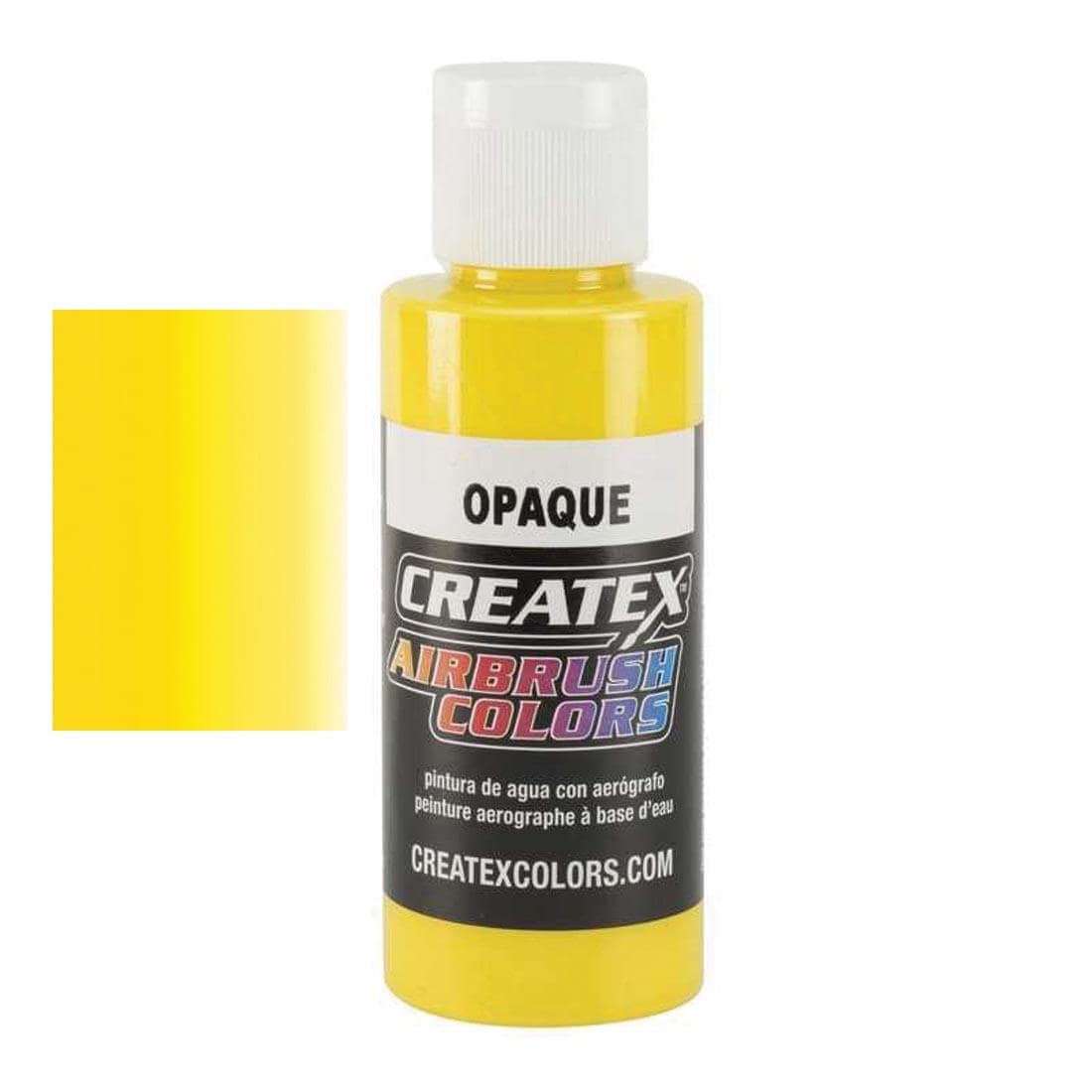 Bottle of Createx Airbrush Color Beside Opaque Yellow Color Swatch