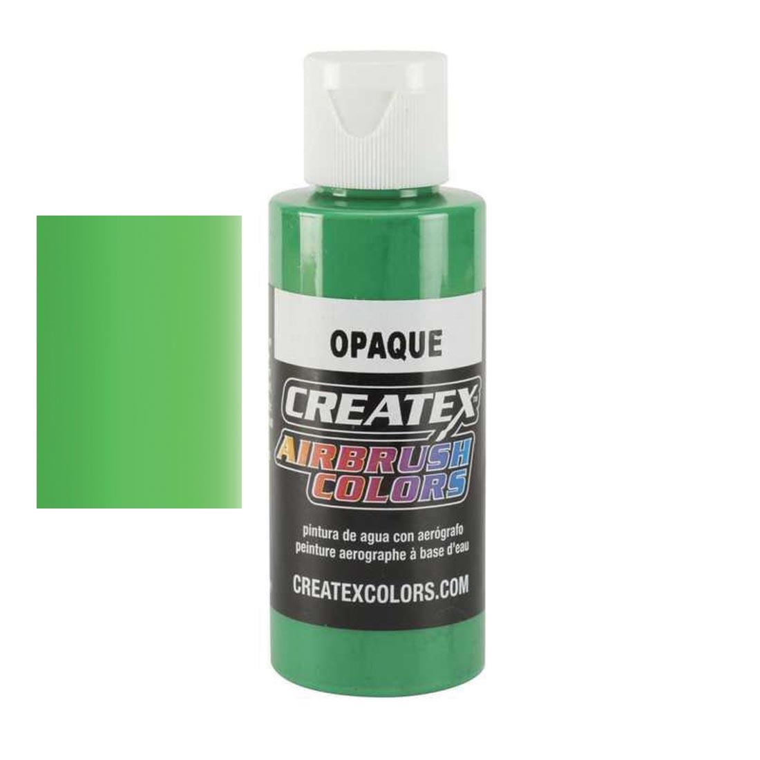 Bottle of Createx Airbrush Color Beside Opaque Light Green Color Swatch