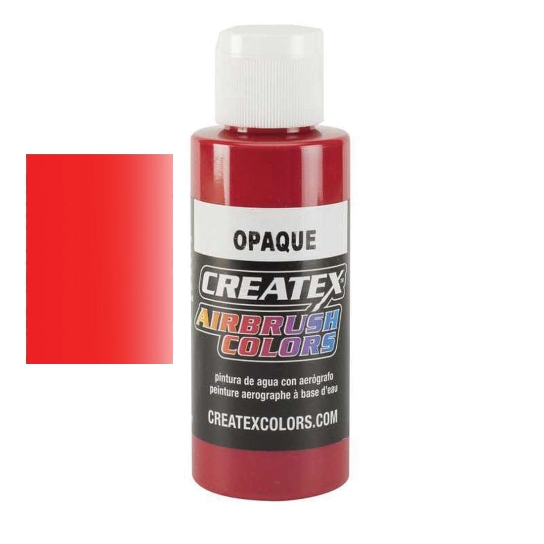 Bottle of Createx Airbrush Color Beside Opaque Red Color Swatch