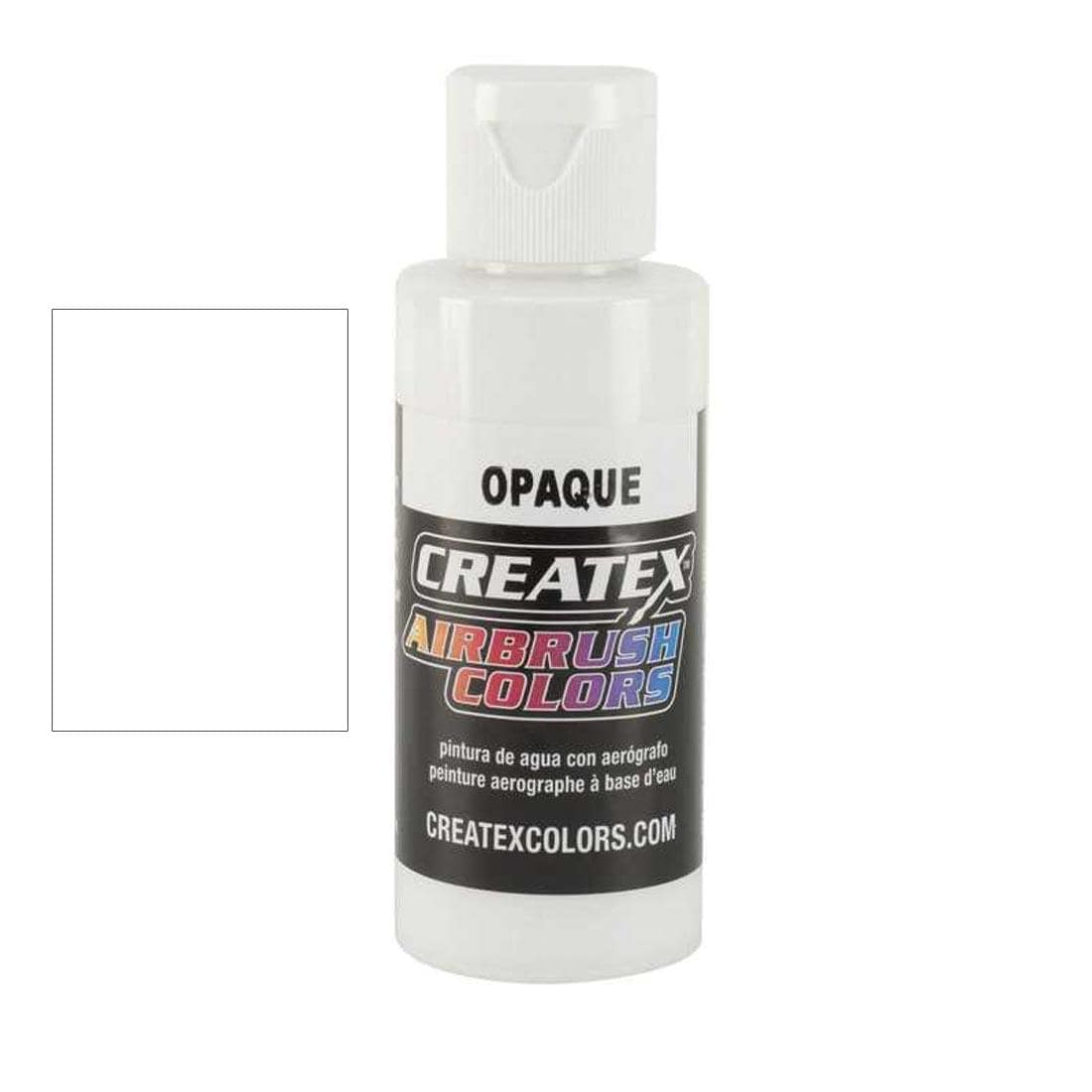 Bottle of Createx Airbrush Color Beside Opaque White Color Swatch