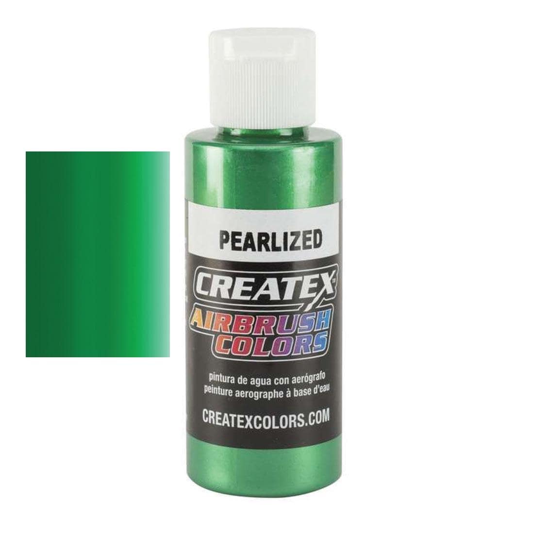 Bottle of Createx Airbrush Color Beside Pearlized Green Color Swatch