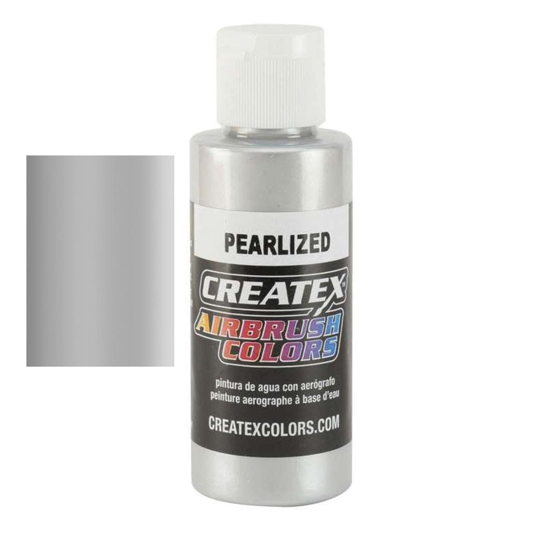 Bottle of Createx Airbrush Color Beside Pearlized Silver Color Swatch