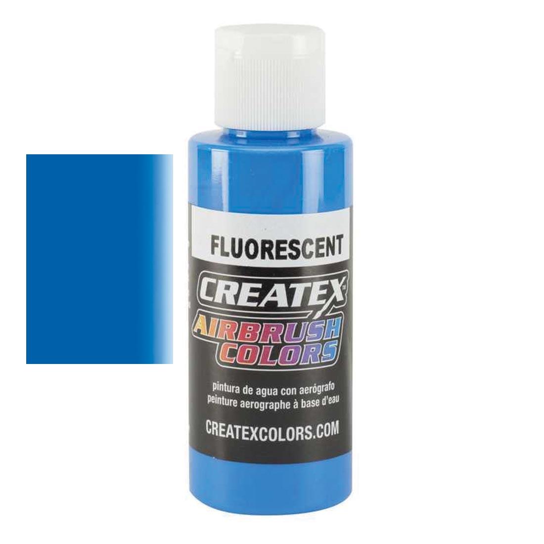 Bottle of Createx Airbrush Color Beside Fluorescent Blue Color Swatch