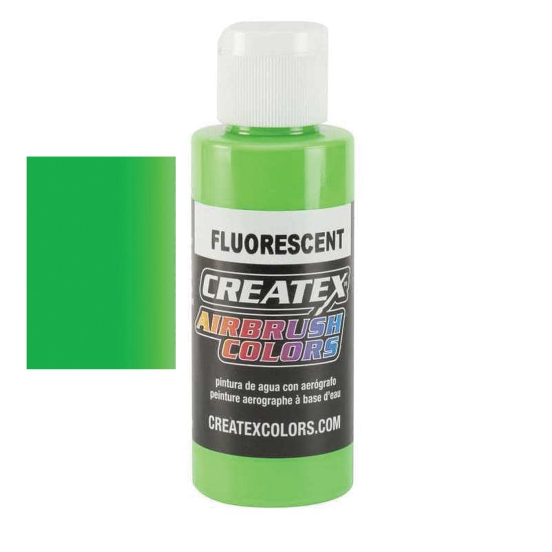 Bottle of Createx Airbrush Color Beside Fluorescent Green Color Swatch