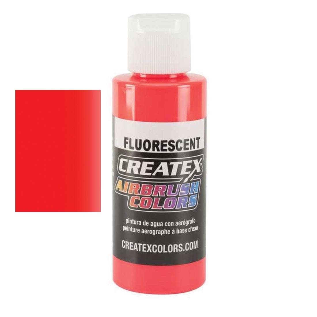 Bottle of Createx Airbrush Color Beside Fluorescent Red Color Swatch