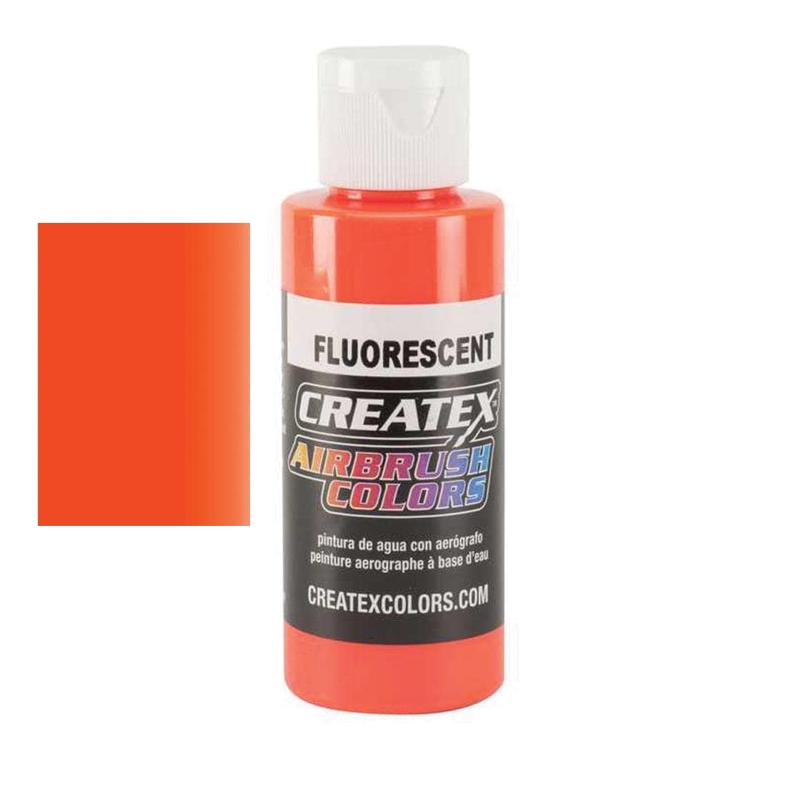 Bottle of Createx Airbrush Color Beside Fluorescent Orange Color Swatch