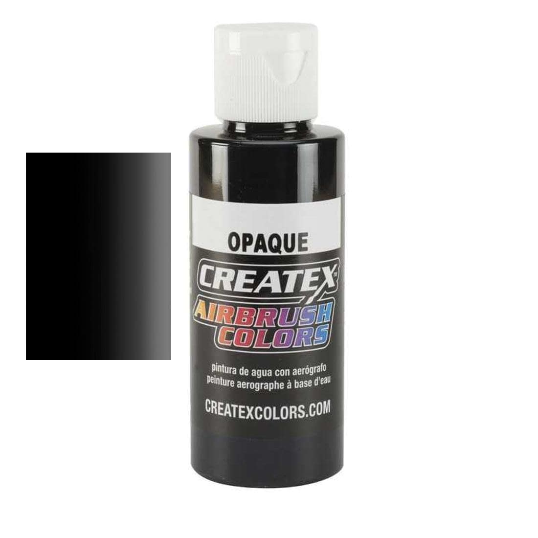 Bottle of Createx Airbrush Color Beside Opaque Black Color Swatch