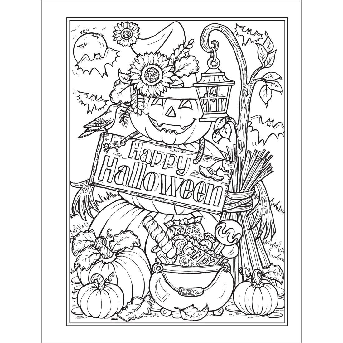 Sample page from Dover Creative Haven Autumn Harvest Coloring Book says Happy Halloween