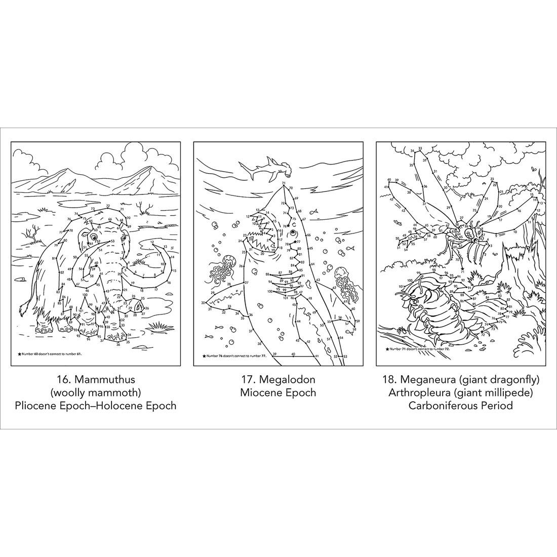 three Sample pages from Dover Dinosaurs & Prehistoric Animals Dot-To-Dot Fun labeled with the animal's name