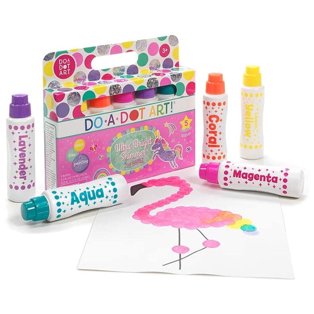 Do-A-Dot Art! Markers Shimmering Colors Set, showing package and markers plus sample artwork