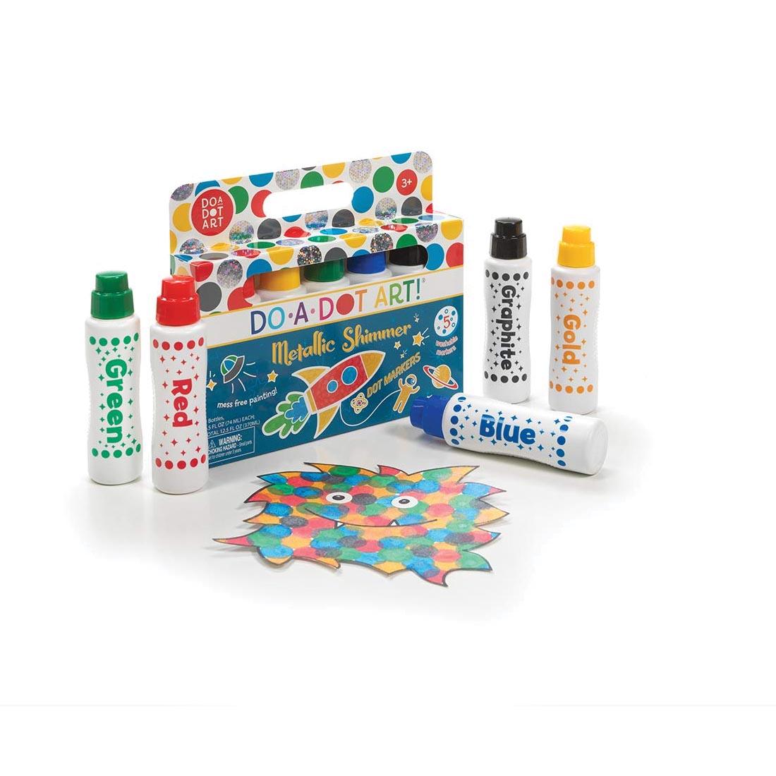 Do-A-Dot Art! Markers Metallic Shimmer Dot Markers, showing packaging, example artwork, and 5 dot markers outside the package