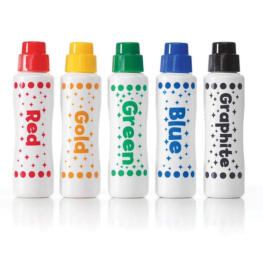 Do-A-Dot Art! Markers Metallic Shimmer Colors Set, showing red, gold, green, blue and graphite dot markers