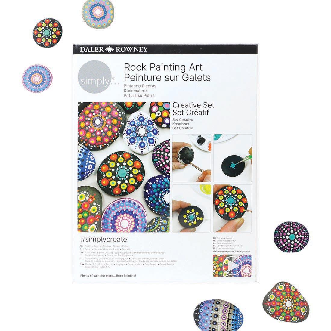 package for Rock Painting Art Creative Set surrounded by completed examples