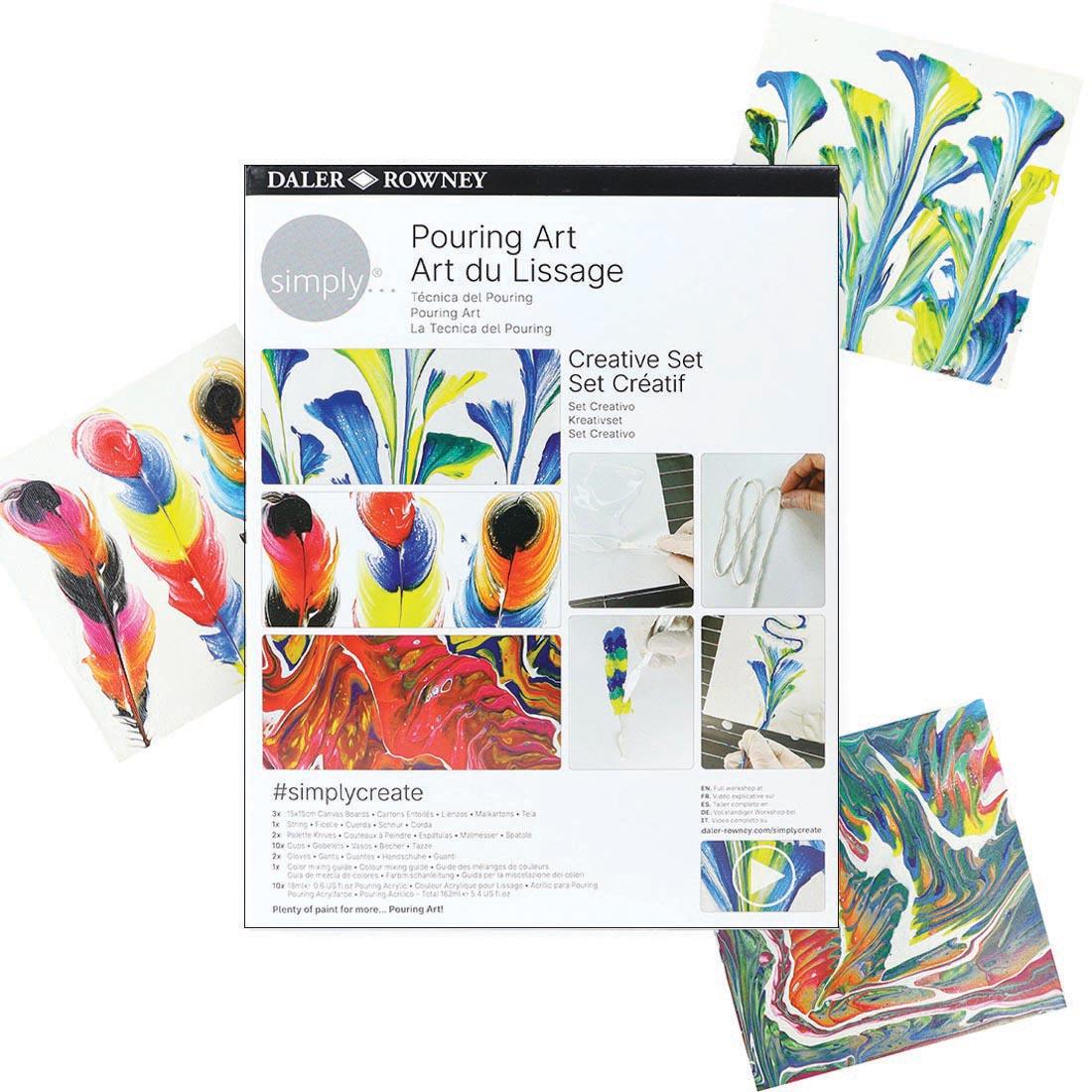 package for Pouring Art Creative Set on top of three completed examples