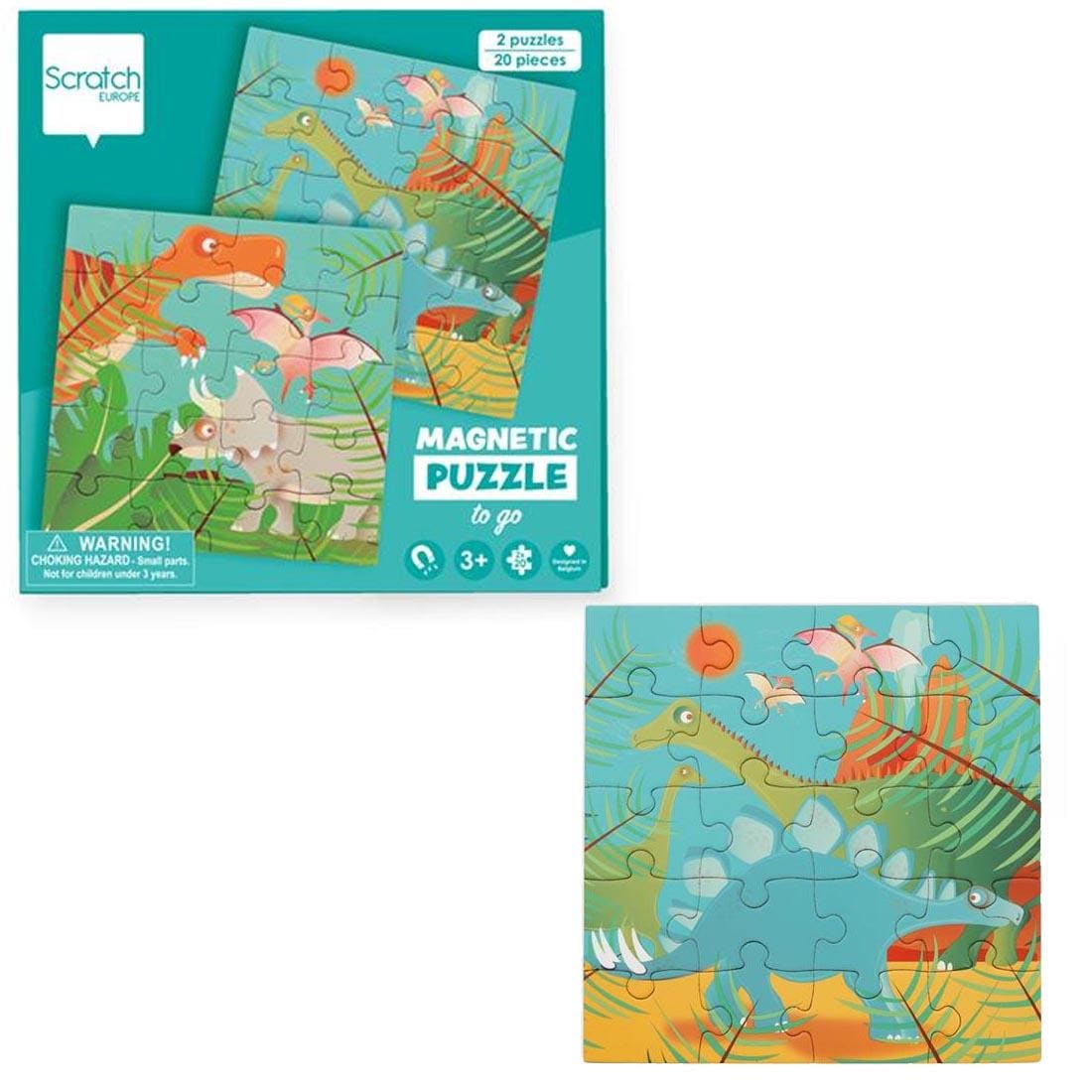 package for Dinosaurs Magnetic Puzzles To Go beside a completed puzzle