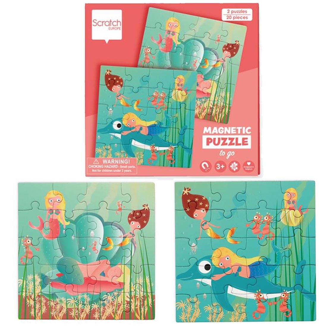 package for Mermaids Magnetic Puzzles To Go plus the 2 completed puzzles