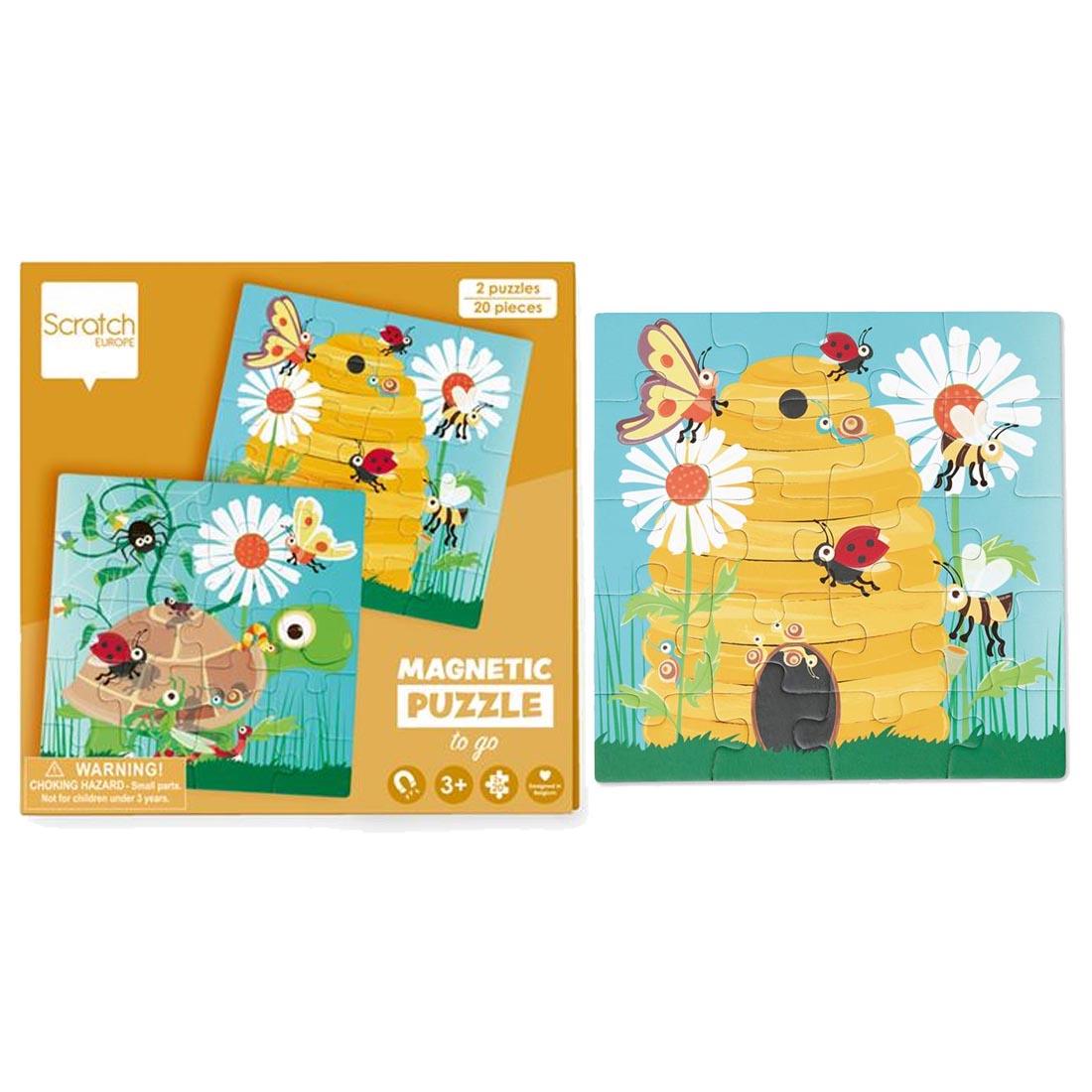 package for Garden Party Magnetic Puzzles To Go beside a completed puzzle