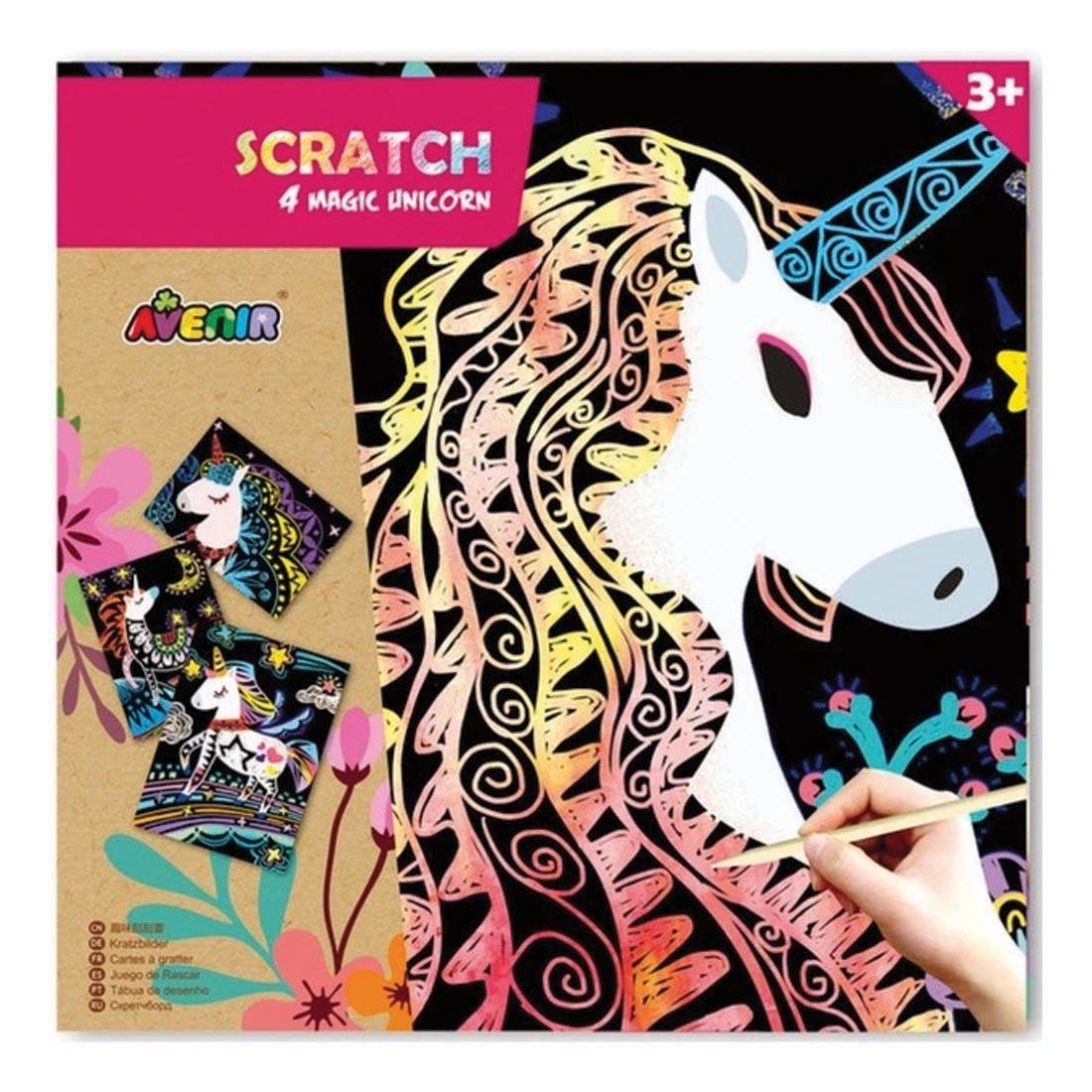 Front package of 4 Magic Unicorns Scratch Set by Avenir