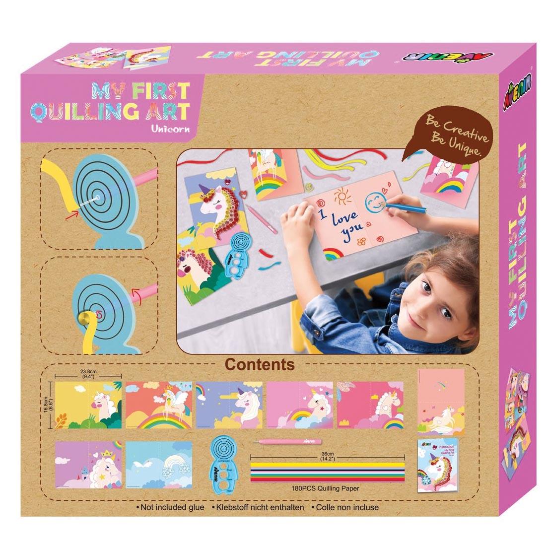 Back of Package Showing Contents of My First Quilling Art Unicorn Set by Avenir
