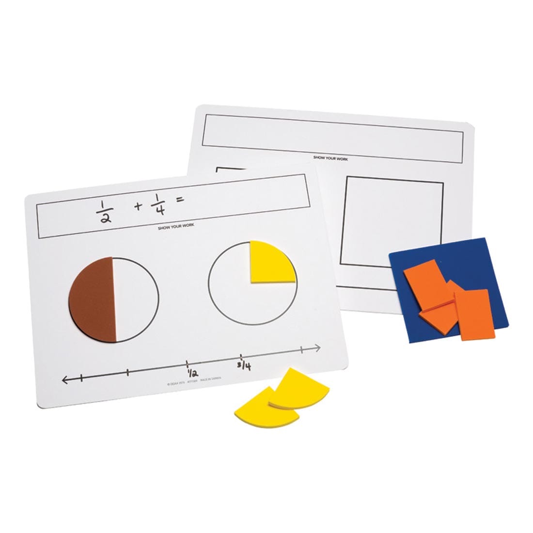 Front and Back Sides of a Write-On/Wipe-Off Fraction Mat by Didax Shown in Use with Fraction Pieces