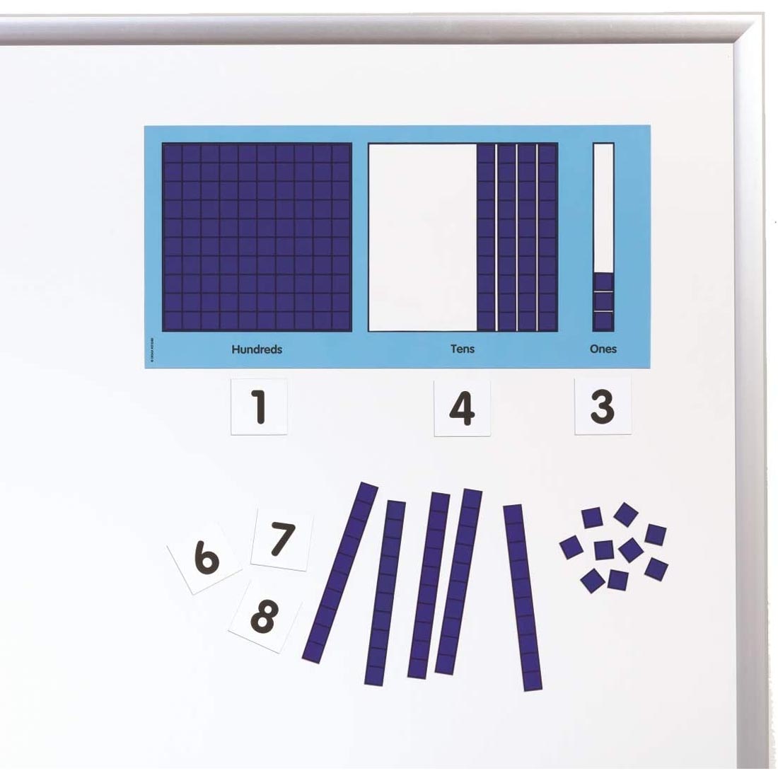 Didax Magnetic Base Ten Place Value Frame Set, showing frames, number labels and counting pieces
