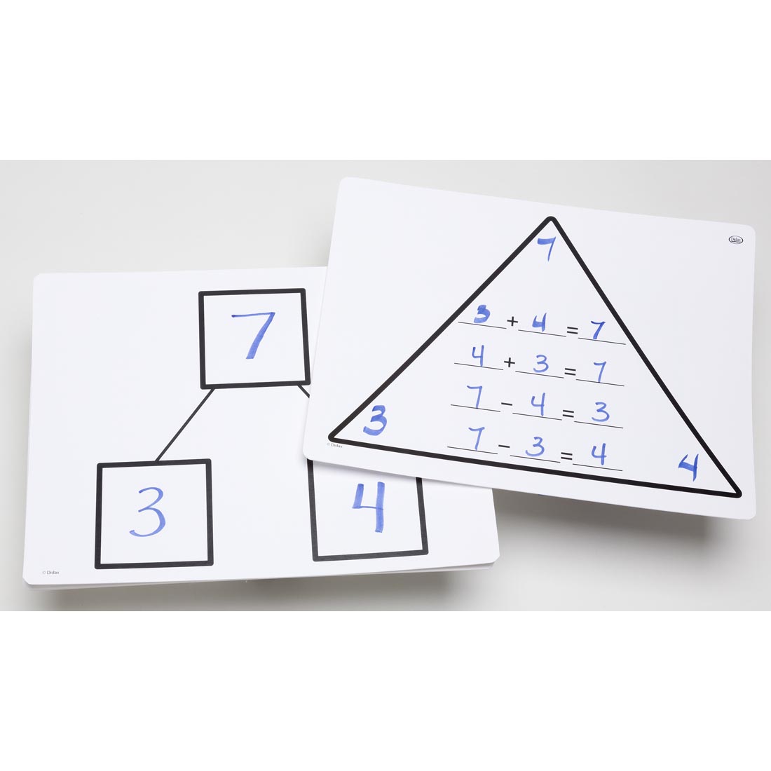Sample Numbers Written on Front and Back Sides of a Write-On/Wipe-Off Addition/Subtraction Fact Family Triangle Mat by Didax