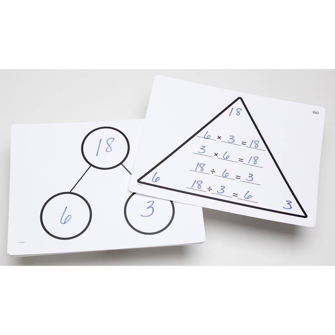 Example Numbers Written on Front and Back Sides of a Write-On/Wipe-Off Multiplication/Division Fact Family Triangle Mat by Didax