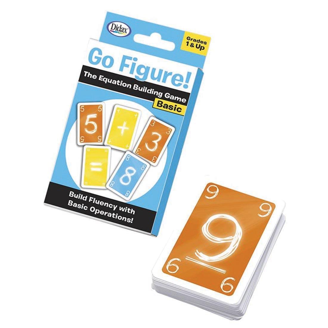 package for Go Figure! Basic Equation Building Card Game By Didax sitting beside a pile of its cards