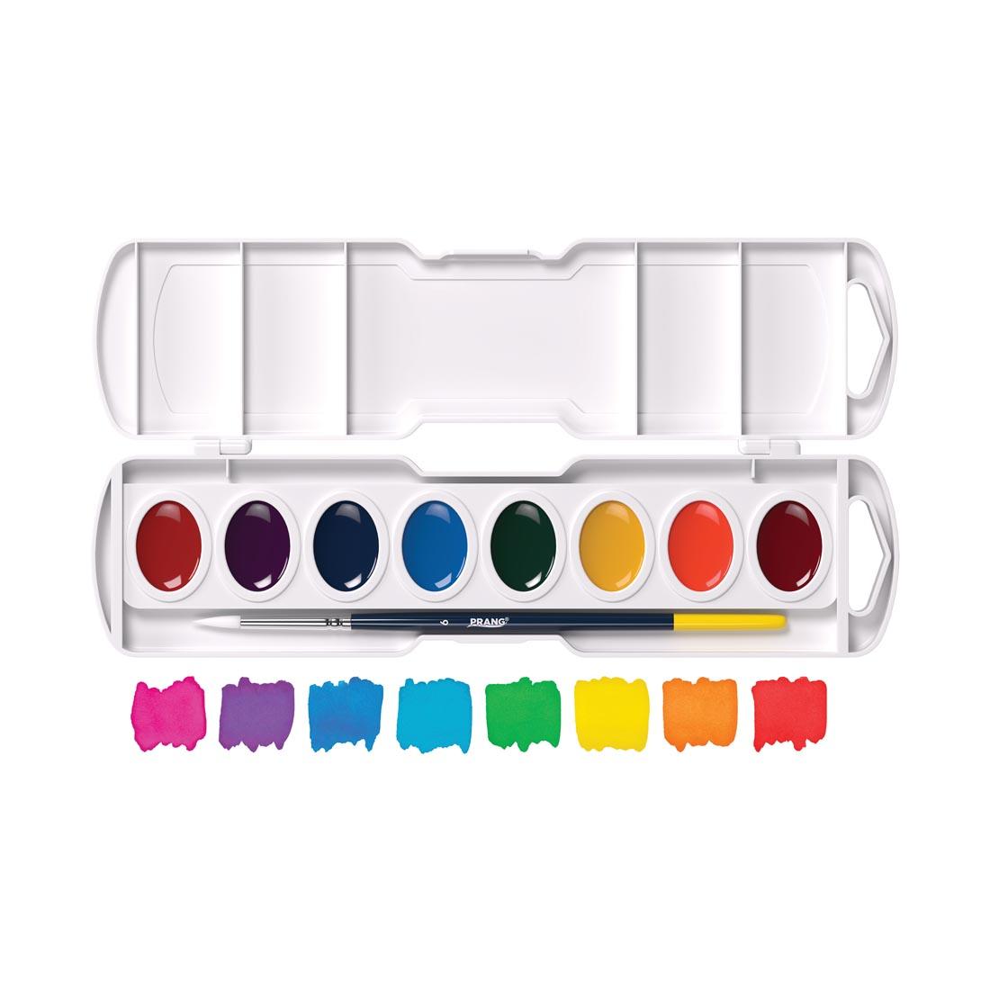 opened Prang Semi-Moist Watercolors Color Wheel 8-Color Oval Pan Set with paint color swatches underneath