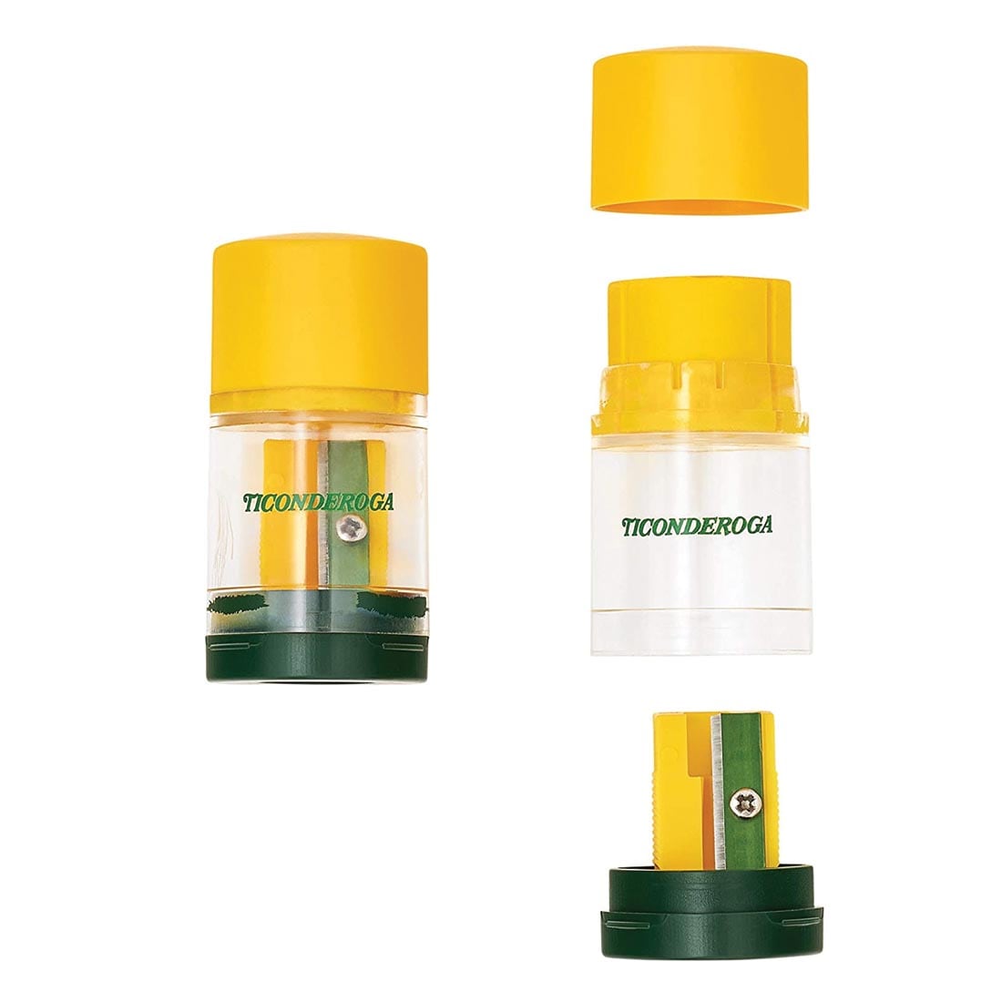 Ticonderoga Duo 2-In-1 Sharpener & Eraser Shown Both With Cap and Lid On, and With Parts Separated