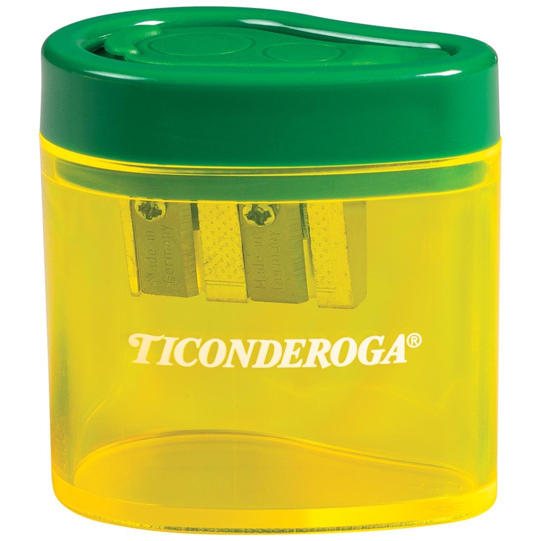 Ticonderoga 2-Hole Pencil Sharpener with lid both open and closed