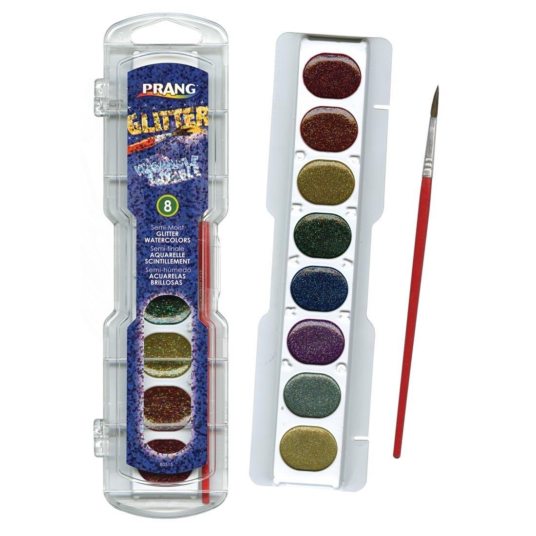 Prang Washable Watercolors Glitter Set Shown Both With Package Closed and Open With Brush