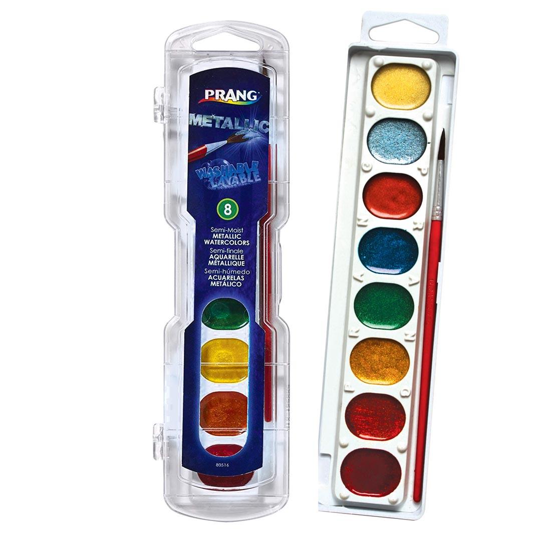 Prang Washable Watercolors Metallic Set Shown Both With Package Closed and Open with Brush