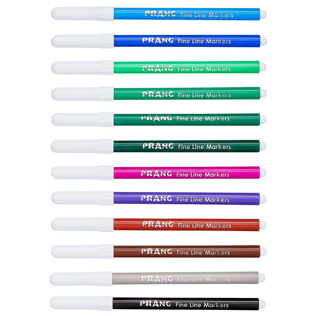 12 Prang Classic Fine Line Art Markers in different colors with caps on