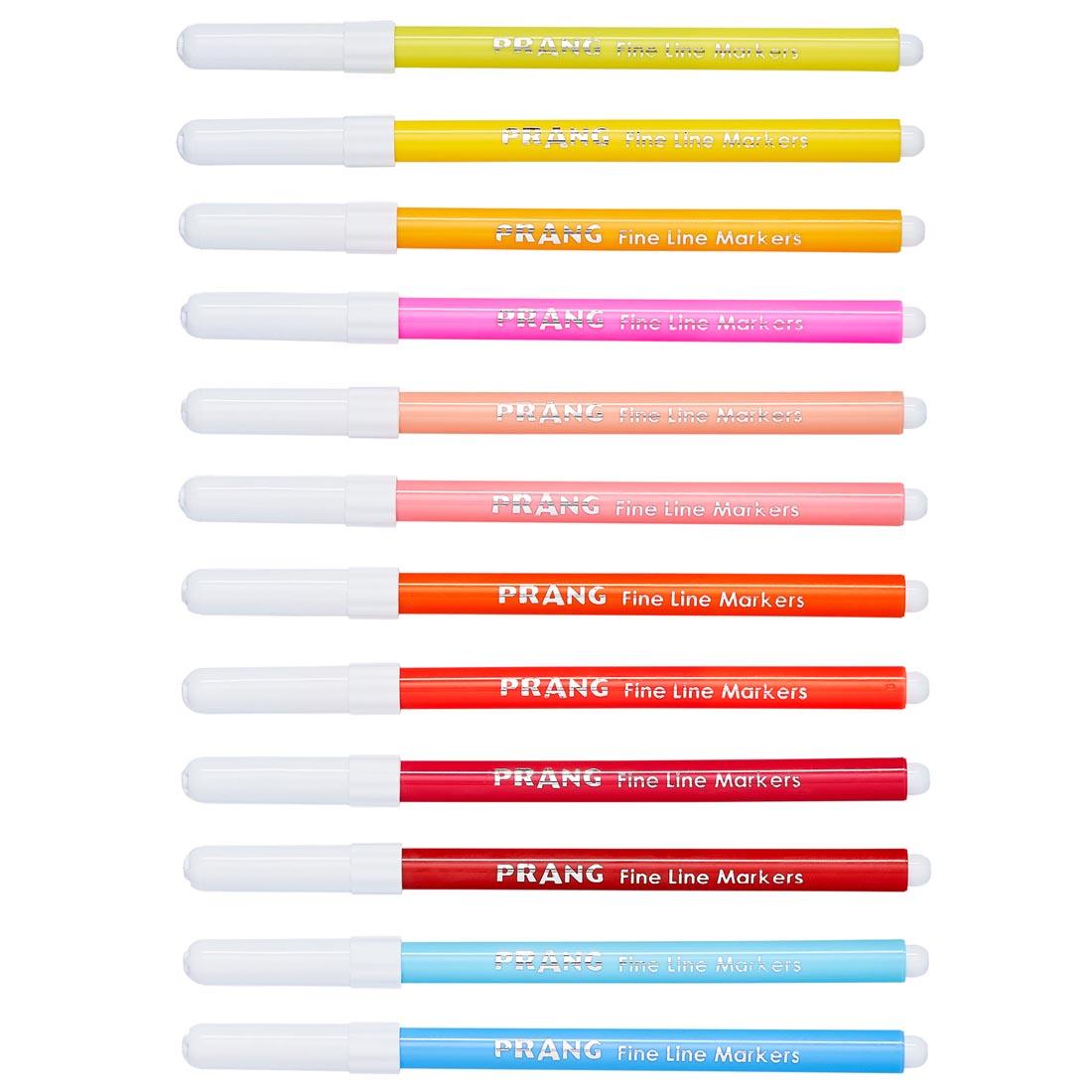 12 Prang Classic Fine Line Art Markers in different colors with caps on