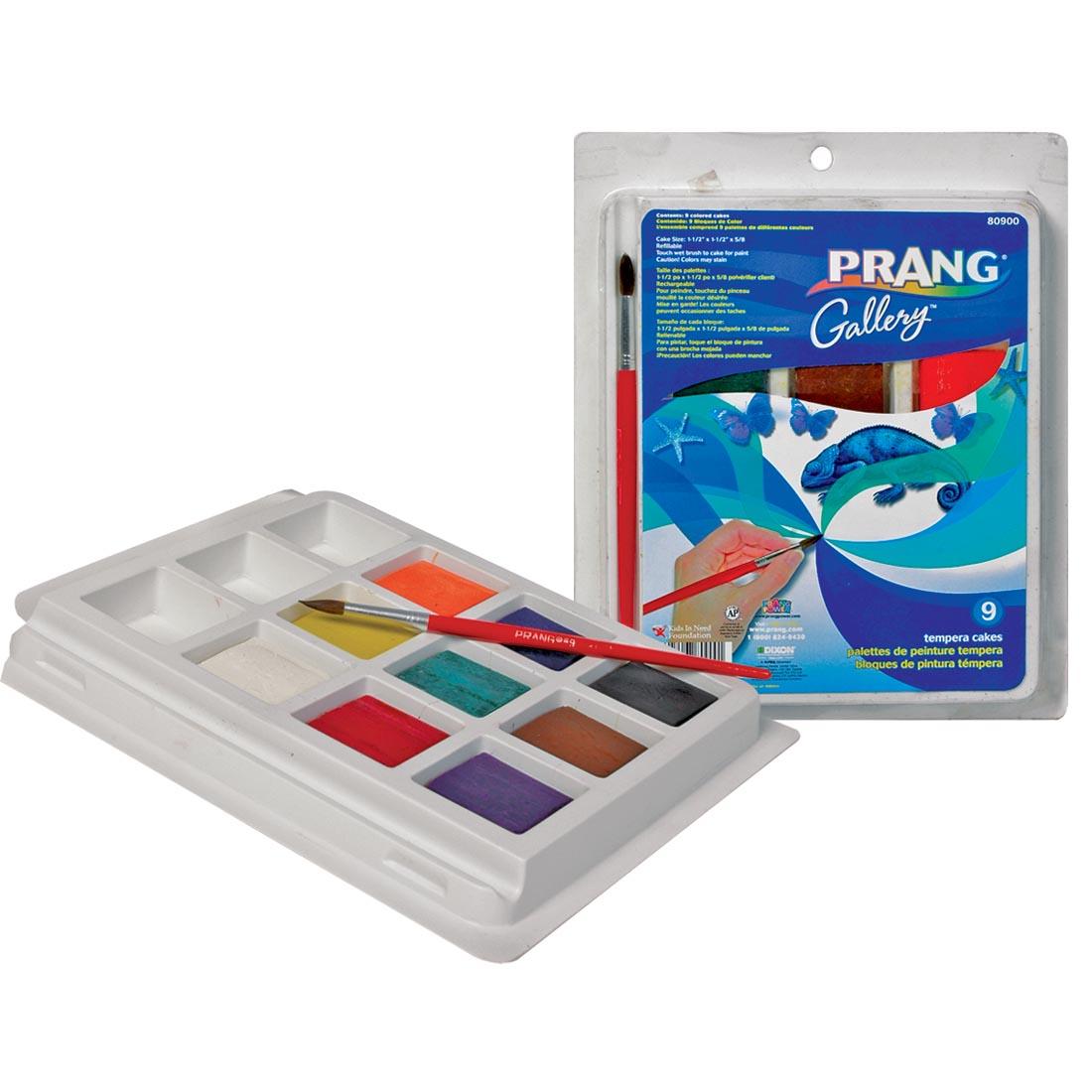 Prang Gallery Tempera Cakes and Brush Shown Beside Their Package