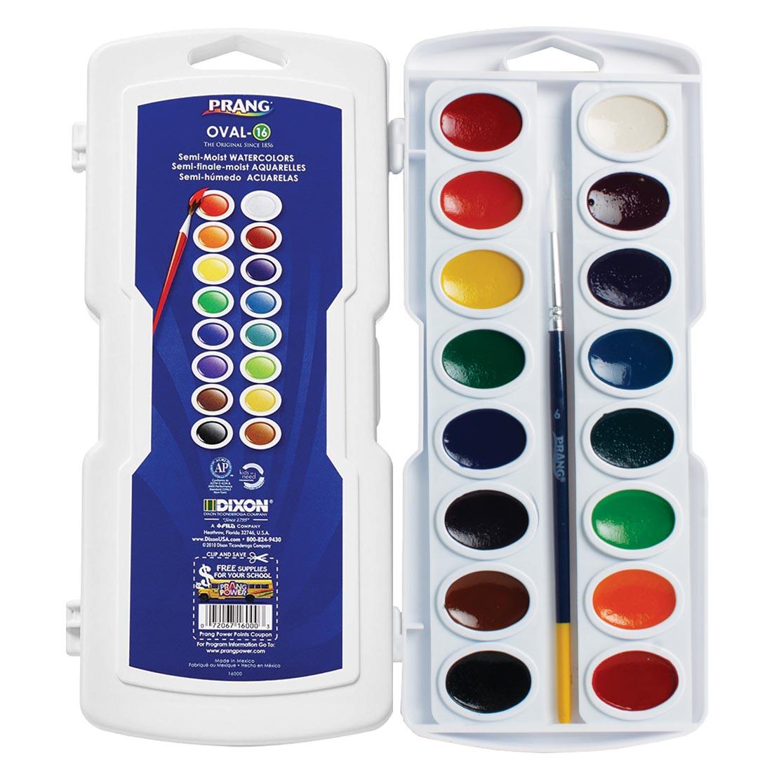 Prang Semi-Moist Watercolors 16-Color Oval Pan Set Package Shown Both Closed and Open