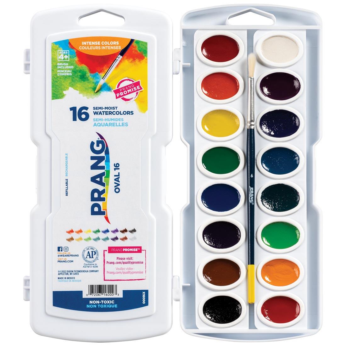 Prang Semi-Moist Watercolors 16-Color Oval Pan Set Package Shown Both Closed and Open