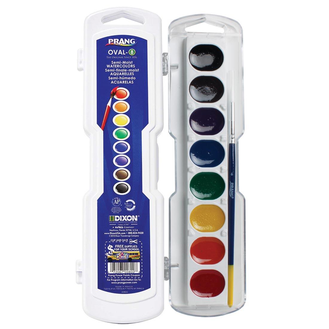 Prang Semi-Moist Watercolors 8-Color Oval Pan Set Package Shown Both Closed and Open