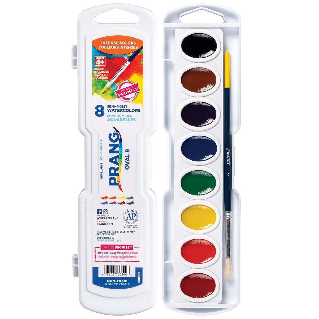 Prang Semi-Moist Watercolors 8-Color Oval Pan Set Package Shown Both Closed and Open