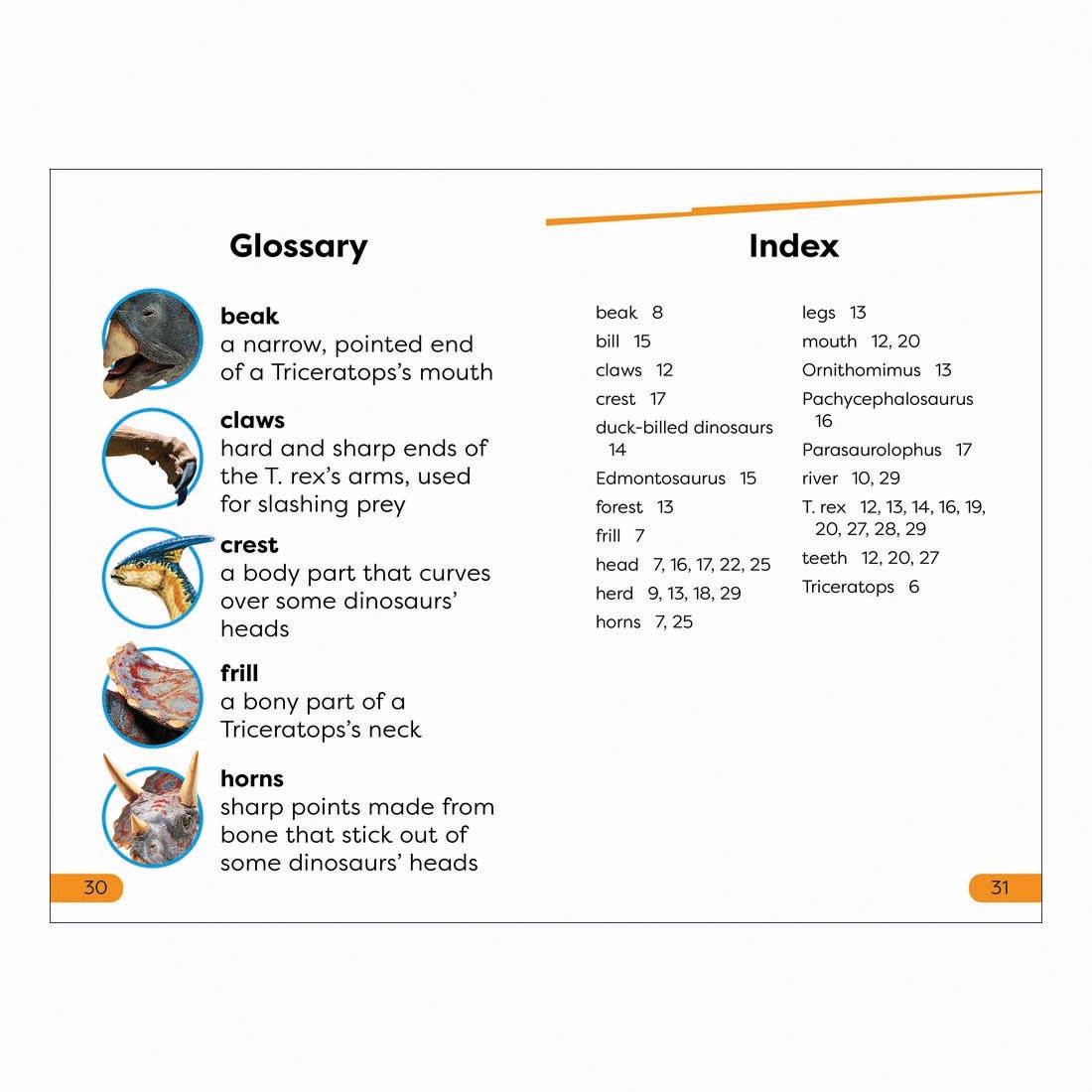 Glossary and Index pages from Dinosaur's Day DK Super Readers Level 1 Book