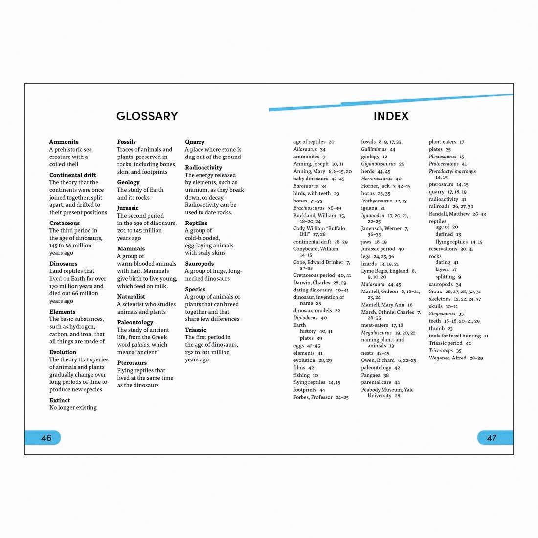 Glossary and Index pages from Dinosaur Detectives DK Super Readers Level 4 Book