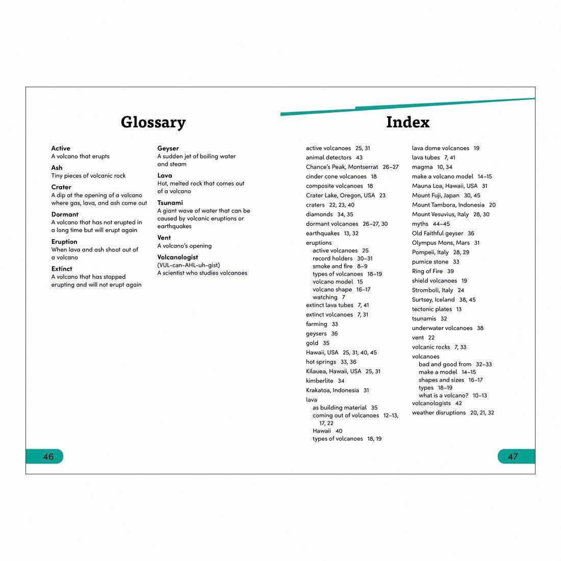 Glossary and Index pages from Eruption! DK Super Readers Level 3 Book