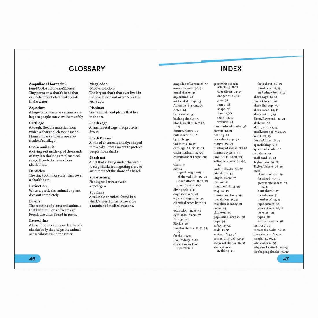 Glossary and Index pages from Shark Attack DK Super Readers Level 4 Book